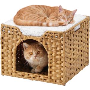 SETVSON Cat Beds Indoor Kitten House, Handwoven Rattan Cat Cave Pet Cube, Large Cat Houses, One Bed Mat, Foldable, Hideaway, 16.5x16.5x13.2 Inches, 2 S-Shaped Hooks in Living Room Bedroom Natural