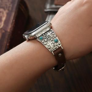 Leather strap compatible with IWatch 38/40/41/42/44/45/46/49mm with Bohemian turquoise inlaid Western retro ethnic retro style, suitable for iWatch series 11 10 9 8 7 6 5 4 3 2 1 SE Ultra 2/1