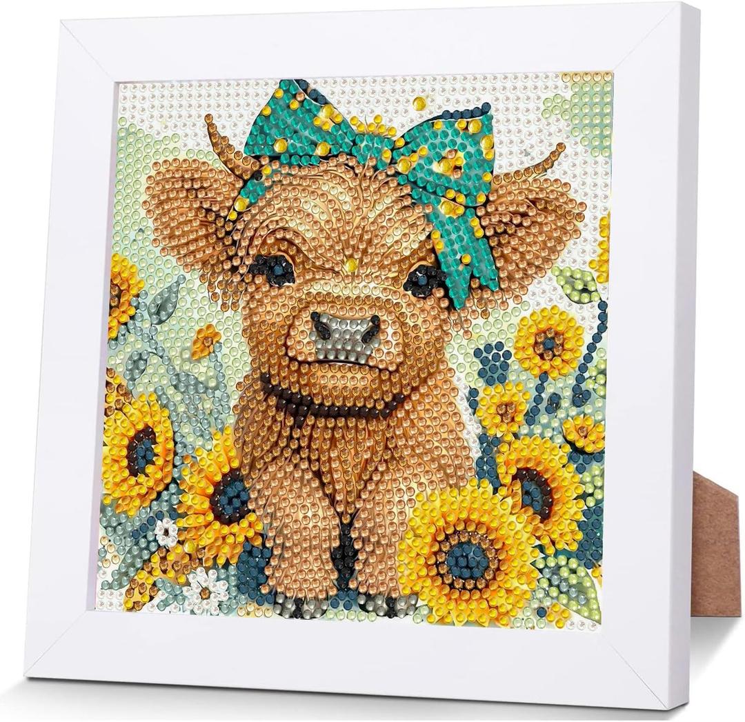 WEMEON Cow Diamond Art Painting Kits for Kids with Frame,Animal Diamond Art for Kids Ages 4-8-12,Package for Gift and Home Wall Decor(7x7inch)