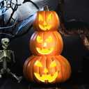 Retisee 3 Tiers 14 Inch Halloween Orange Pumpkin Lantern Decoration with LED Bulbs Lights Large Plastic Stacked Jack O Lantern Pumpkins Lights Indoor for Halloween Front Door Decor Indoor Decoration