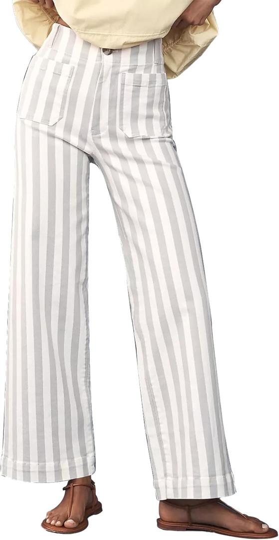 Womens Cropped Striped Jeans High Waisted Strechy Wide Leg Capri Jeans Straight Flare Ankle Denim Pants with Pockets (Large, Long White)