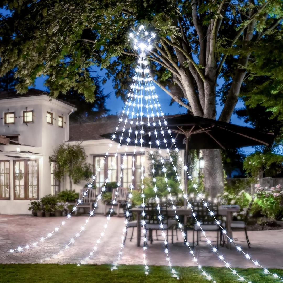 Christmas Decorations Star String Lights, 344 LED Waterfall Tree Lights with 11" Topper Iron Star Christmas Lights Indoor Outdoor Decorative for Wedding Party Home Holiday Decor (Pure White) (11.8 FT)