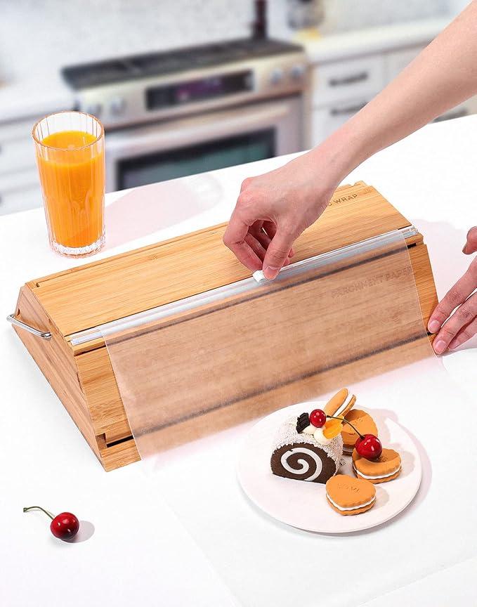 Summidate 3 in 1 Wrap Organizer with Cutter for Aluminum Foil, Plastic Wrap and Wax paper,Trapezoidal Design Bamboo Wrap Dispenser,Idea for Kitchen Organization and Storage -Fits 12" Rolls