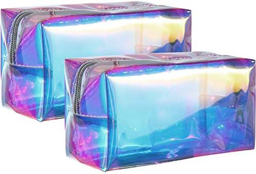 Boao 2 Pcs Clear Iridescent Holographic Makeup Bag Glitter Travel Cosmetic Pouches Toiletry Bag with Zipper Toiletry Organizer Case for Purse Diaper Beach Office Gift(Plain)