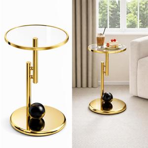 Modern Gold Side Table with Glass Top, Small Round End Table with Metal Base, Contemporary Accent Table for Living Room Bedroom Balcony, Space-Saving Decorative Table, 13.7*13.7*24