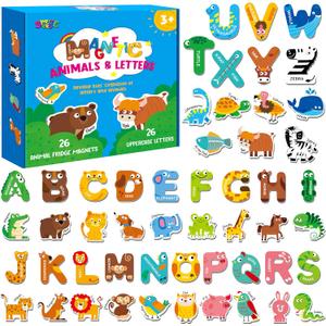 52PCS Letters & Animal Magnets, Magnetic Alphabet Animals Fridge Decors for Toddlers Educational A-Z Learning Toy Refrigerator Magnets for Kids 3 4 5 Years Old