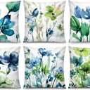 COMMINY Blue Green Flower Pillow Covers 18x18 Inch Set of 6, Spring Summer Pillow Covers, Hydrangea Floral Throw Pillow Case for Couch Sofa Bed Decor, Indoor Decorative Cushion Cover