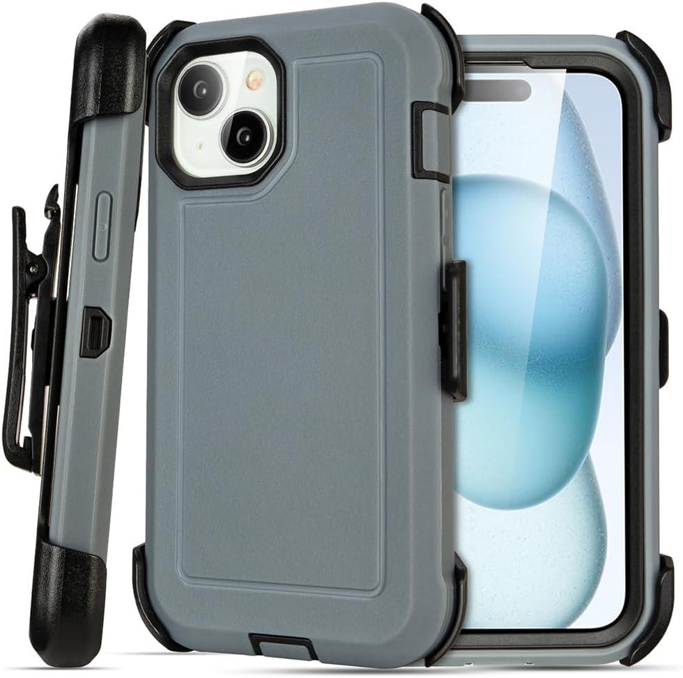 Shockproof Case for iPhone 15 with Belt Clip, Heavy Duty Rugged, Anti-Drop,3 Layers of Sturdy,Protection i Phone 15 Case, Grey