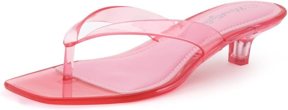 Herstyle Women’s Kitten Heels Clear Jelly Slides, Square Toe Thong Flip Flop, 1.5 Inch Low Heel Slip-On Open Toe Dressy Summer Sandals for Vacation Beach, 7