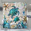 Accnicc Nautical Sea Turtle Shower Curtain Teal Blue Stained Glass Ocean Theme Coastal Shower Curtains for Bathroom Vintage Map Beach Waterproof Fabric Bath Curtain Decor 72x72 Inches