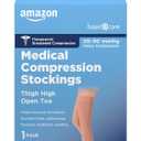 Amazon Basic Care Medical Compression Stockings for Circulation, Varicose Veins, Edema, Swelling, 20-30 mmHg Support, Women & Men Thigh Length Hose, Open Toe, Beige, Small (Previously NuVein)