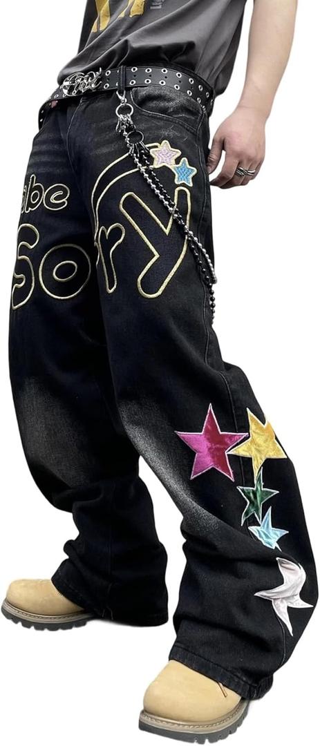 DFGIGT Men's Hip-hop Embroidered Baggy Jeans Loose Fit Denim Black Trousers Distressed Straight Leg Relaxed Fit 2023s Extreme Motion Skater Skateboard Street, D10 Black, X-Large