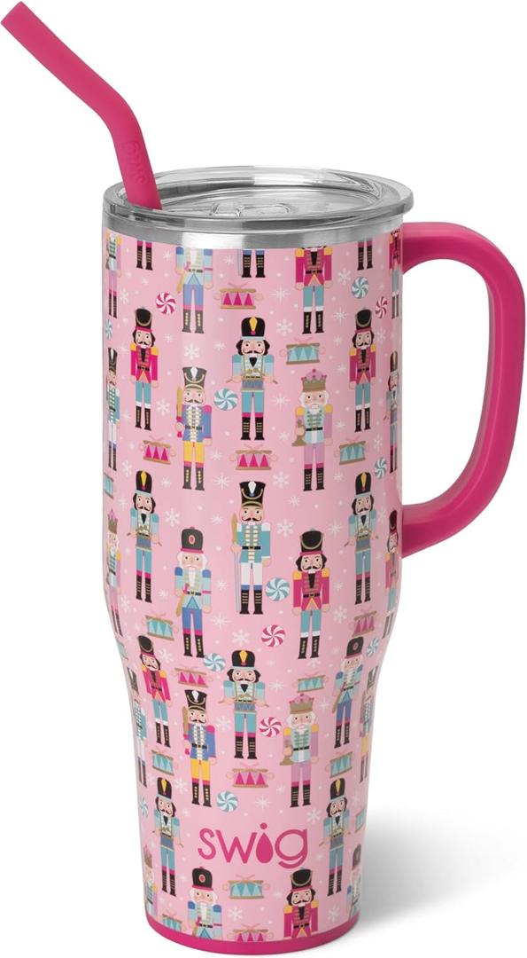 Swig Life 40oz Mega Mug, 40 oz Tumbler with Handle and Straw, Cup Holder Friendly, Dishwasher Safe, Extra Large Insulated Tumbler, Stainless Steel (Pink Nutcracker)
