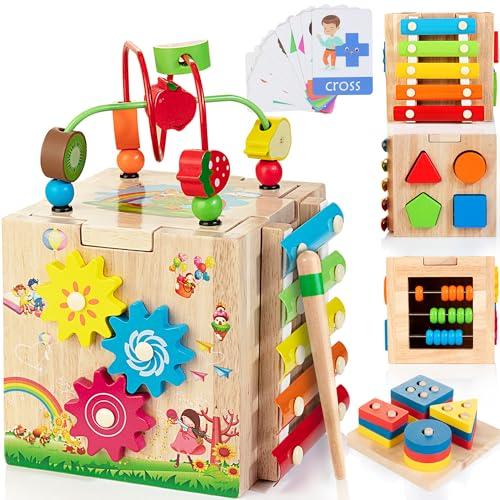 Bravmate Wooden Activity Cube, 8-in-1 Wooden Montessori Learning Toys for 18 M+ Toddlers, One Year Old First Birthday Gift, Baby Toy Set with Bonus Sorting & Stacking Board