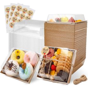 Charcuterie Boxes with Clear Lids Mini Bakery Boxes Disposable Treat Boxes to Go Small Food Containers for Dessert Cookie Sandwich Cake 5.3x4.9x2.5INCH(50 Pack, Brown)