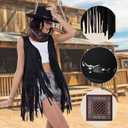 PARTTELY Western Outfits for Women Cowgirl Tassel Sleeveless Vest Cowboy Hat and Paisley Bandana (Black)