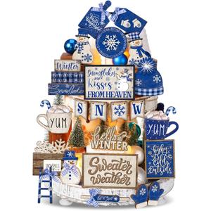 CroBlissful 23 Pcs Winter Tiered Tray Decor Snowman Farmhouse Decor Christmas Tiered Sign Winter Table Centerpieces Snowman Wood Blocks Signs for Home Shelf, Without Tray(Blue,Snow)