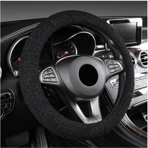KVAEY Furry Car Steering Wheel Cover, 15.5-16" Fuzzy Fleece Plush Non-Slip Steering Wheel Cover, Warm Winter Decoration (Black)
