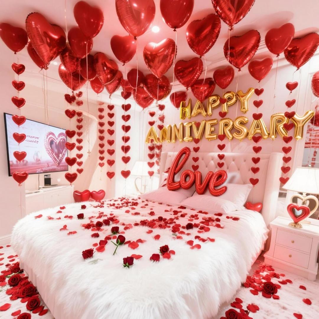 Anniversary Decorations Kit  1000 Artificial Rose Petals & Red Heart Foil Balloons Set with Love Banner  Romantic Room Decor for Wedding Night, Proposal & Couples Special Events