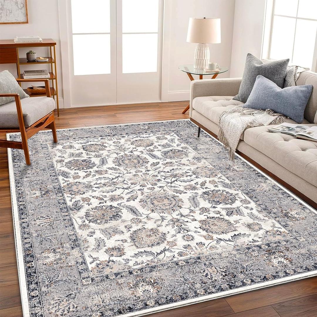 8x10 Washable Area Rug Medallion Distressed Design Boho Medallion Non-Shedding Easy Care Ideal for High Traffic Areas in Living Room Bedroom Kitchen Office Coffee Table Large Carpet (Blue and White)