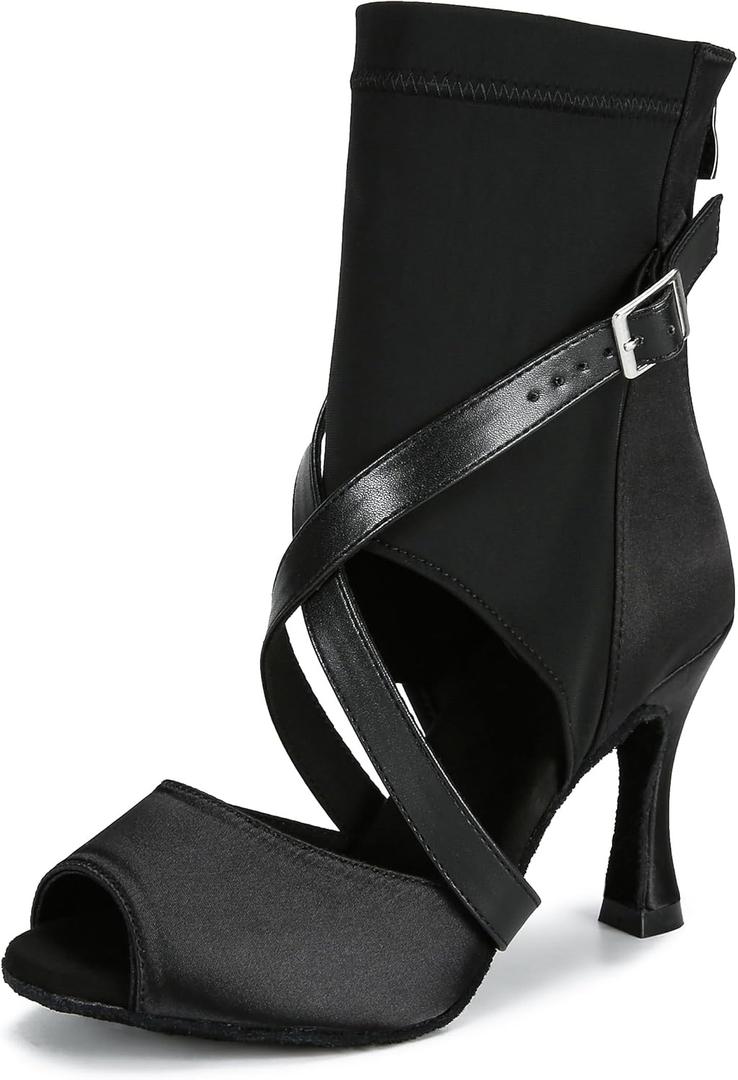 YYTing Ballroom Dance Shoes Women Salsa Latin Boots Dancer Comfortable 3.5 inch Heel Footwear YT309 (Black)