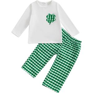 Ayalinggo St Patricks Day Baby Girl Boy Outfit Green Shamrock Long Sleeve Shirt Top Plaid Pants Set Saint Patrick's Clothes (White)
