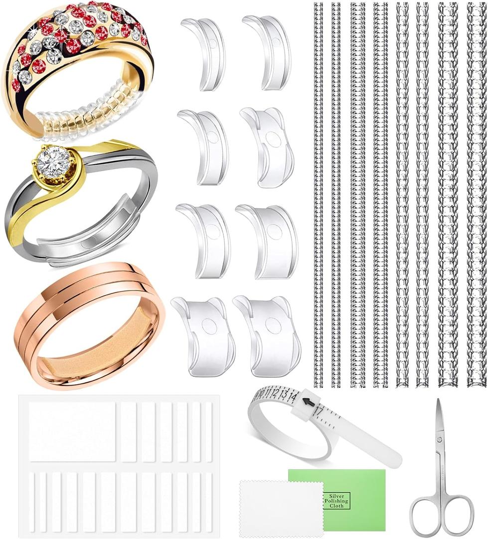 38 Pcs Ring Sizer Adjuster for Loose Rings with Ring Size Measuring Tool, Plug-in Invisible Ring Guards Silicone Tightener EVA Foam Ring Size Adjuster Set with Polishing Cloth (Transparent)