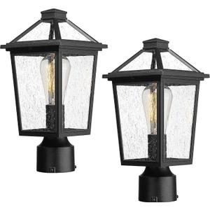 zeyu 2 Pack Outdoor Lamp Post Lights, Modern Farmhouse Exterior Post Lantern Light for Garden, Aluminum with Seeded Glass Shade, Black Finish, ZX58P-2PK BK