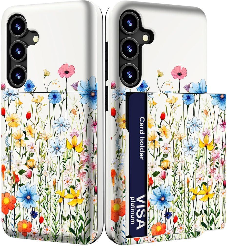 Compatible with Samsung Galaxy S24 Plus & S25 Plus Case Cute with Card Holder/Slim Slot Wallet Phone Cover for Women for S24+ & S25+ / Buds Flowers Lovely Buds Florals Grass Art Beautiful