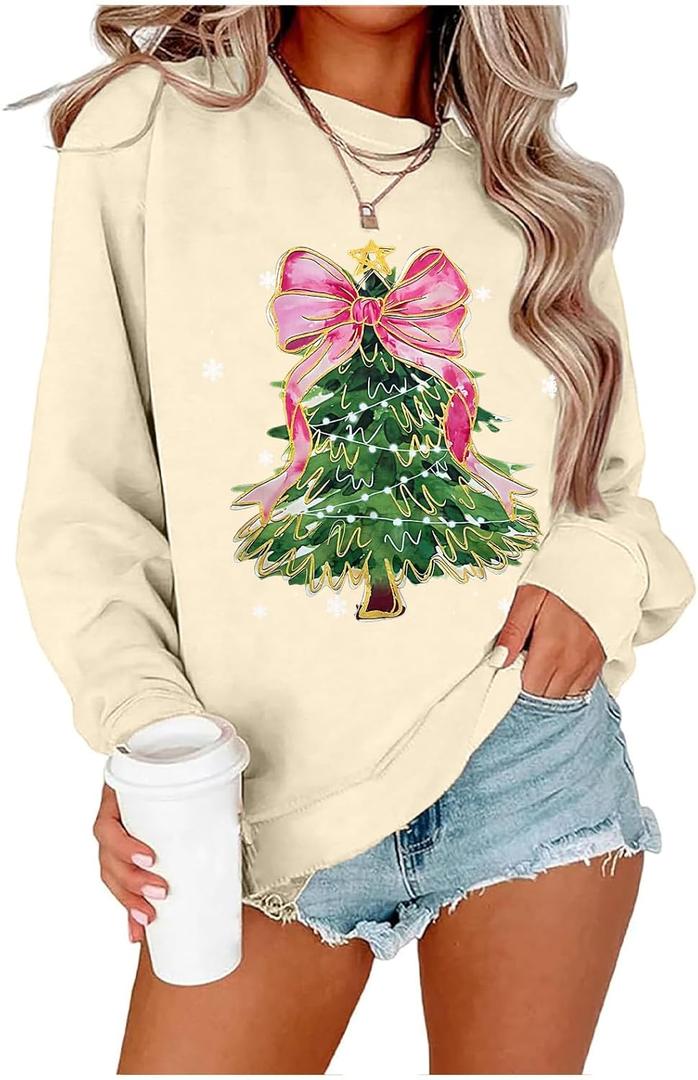 Christmas Sweatshirts for Women Bow Christmas Tree Long Sleeve Shirt Xmas Holiday Crew Neck Pullover Tops (Small, Apricot)