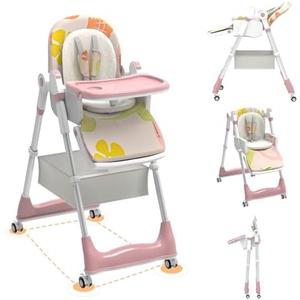 Baby High Chair for Toddlers with Adjustable Backrest/Footrest/Seat Height, Foldable with 4 Wheels, Double Removable Tray (Pink)