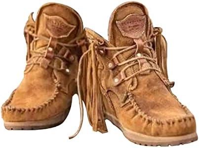 MOYOWEI Women's Vintage Cowboy Fringed Ankle Boots,Lightweight Comfy Suede High Top Round Toe Hippie Moccasin Short Booties 42, Brown