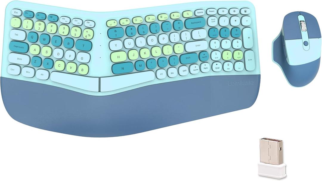 Wireless Ergonomic Keyboard and Mouse Combo with PU Wrist Rest, Carpal Tunnel Keyboard, 2.4G Colorful Split Ergo Keyboard, Comfortable Natural Typing, Compatible with PC/Laptop (Blue)  