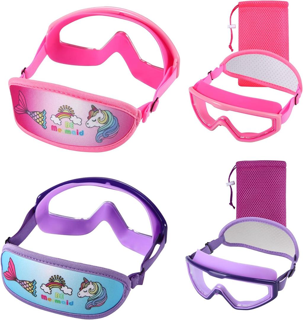 Kids Swim Goggles Age 3-8, Toddler Goggles No Hair Pull,Child Swimming Mask Fabric Strap (Pink & Violet)
