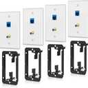 4 Pack Ethernet Coax Wall Plate 2 Port Cat6 RJ45 F Type Keystone Jack Connector with Single Gang Low Voltage Mounting Bracket