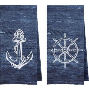 Navy Nautical Dish Towels Set - Nautical Waffle Weave Hand Towels for Bathroom, Nautical Kitchen Tea Towels, Ocean Themed Navy Blue Hand Towels (16x24 Set of 2)