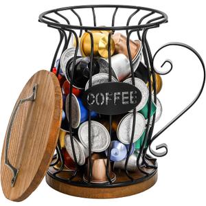 WRINGKIT Rustic Coffee Pod Holder with Lid, K Cup Pods Holder for Counter, Large Capacity Black Wire Coffee Pod Filter Storage Basket for Espresso Capsule, Wooden Base
