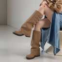Knee High Boots Women Fall Slouchy Fold Over Tall Boots - Motorcycle, Hidden Zipper, Fashion Buckle, Platform, Square Toe (10, 1 Taupe)