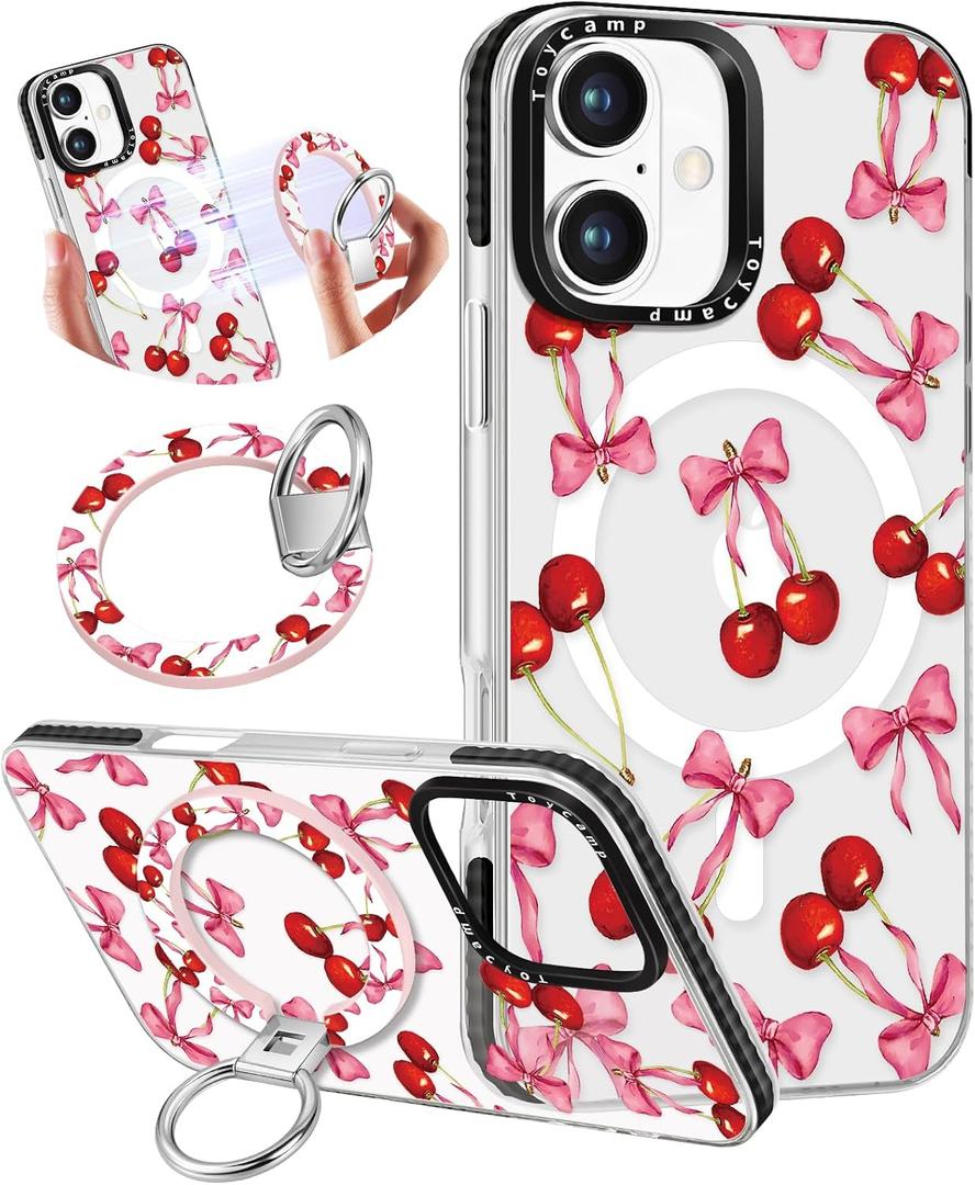 Toycamp for iPhone 17 Case Compatible with Magsafe - for Women Girls Cute Design 360 Magnetic Ring Holder Stand Kickstand Cherry Bow Girly Funny Fashion Pretty TPU Aesthetic Teen Phone Cover