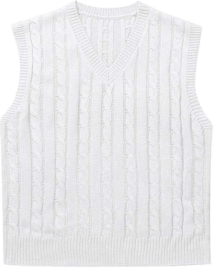 Locachy Women's Vintage Loose V Neck Sleeveless Cable Knit Preppy Style Pullover Sweater Vest White, Size Small