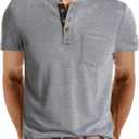 Mens Henley T Shirts 3 Button Cotton Short Sleeve Casual Summer Classic Lightweight Stylish Tee Tops, Small, Khaki (Gray)
