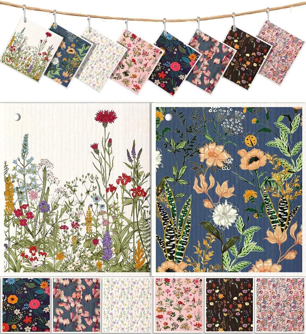 8 Pack Reusable Kitchen Swedish Dishcloths for Washing Dishes - Absorbent Fast Drying Cleaning Sponge with Cute Flower Design - Washable Decor Cloths