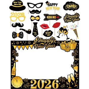 New Years Eve Party Supplies 2026  NYE Photo Booth Props Kit with Glitter Photo Frame, 2026 Glasses & Mustache (Pack of 19)