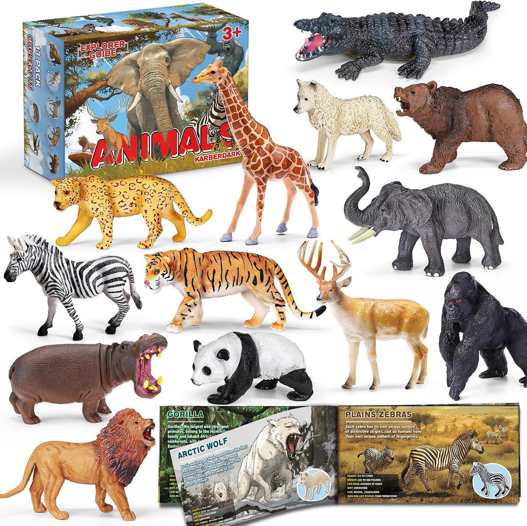 13 Pack Wild Animal Toys with Educational Booklet and Gift Box, Realistic Safari Animals Figures for Kids, Plastic Zoo Animals Figurines for Toddler Ages 1-3, Jungle Birthday Party Favor for Boy Girl, 5-6.5 inches
