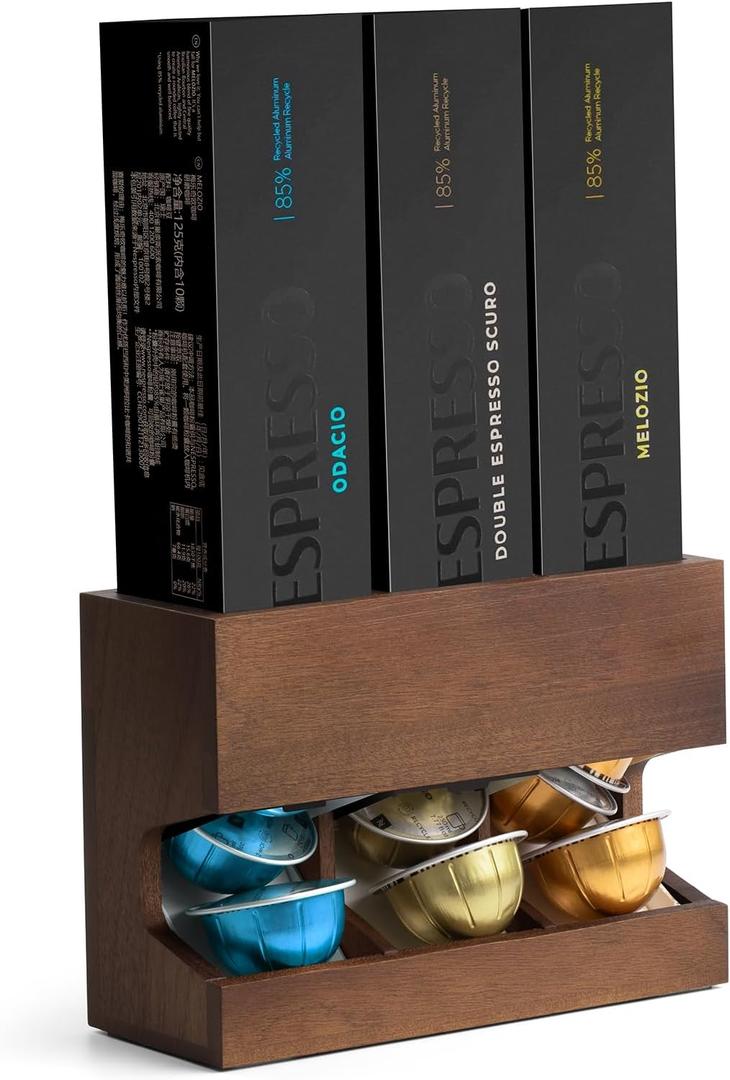 Walnut Wood Pod Dispenser Designed for Nespresso Vertuo Capsules, Freestanding Countertop Pods Rack, Coffee Pods Holder for Home or Office Kitchen Counter, Dispenses 3 Coffee Flavors