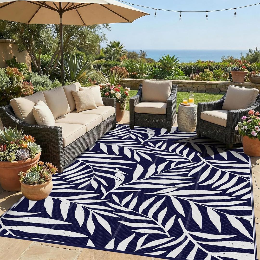 Smiry Outdoor Rug 8x10 ft, Waterproof Reversible Plastic Straw Rugs, Outdoor Area Rug with Leaf Pattern, Outside Floor Mat for Patio, Backyard, Deck, Picnic, Beach, Camping, Navy & White