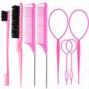 8Pcs Hair Brushes Set with 4Pcs Topsy Hair Tail Tools 1Pcs Bristle Teasing Hair Brush 1Pcs Edge Control Brush 2Pcs Metal Pin Rat Tail Combs for Woman Girl Styling,Edge&Back Brushing Pink