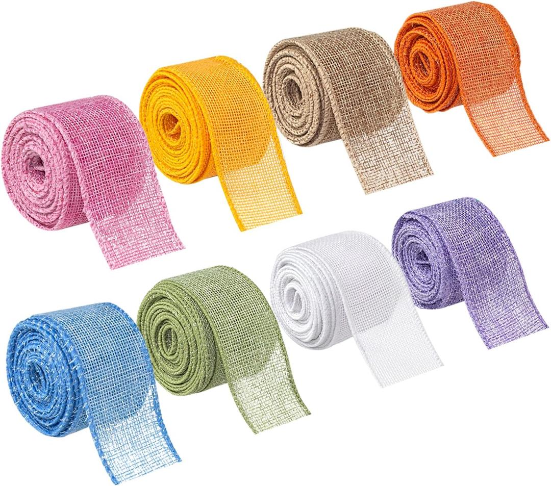 Burlap Wired Ribbon 8 Rolls - Natural 1-1/2 Inch 40 Yards Solid Fabric Edge for Christmas Craft DIY Wrapping Wreath Holiday Party Decorations (Light Color)