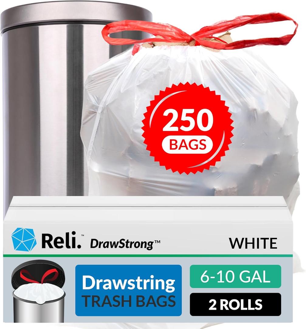 6-10 Gallon Trash Bags Drawstring | 250 Count | 22"x23" | 6, 8, 10 Gallon Drawstring Garbage Bags | White Trash Can Liners | Small - Medium