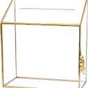 HighFree Large Wedding Card Box with Glass Sides & Acrylic Slot Lid, Handmade Brass Gold Geometric Card Box with Lock, Clear Keepsake Display for Wedding Reception & Decor (9.3x4.5x11.8 in)